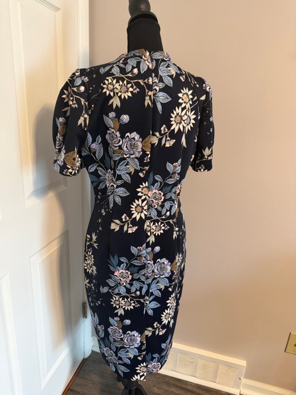 Vince Camuto Black Floral V-Neck Midi Dress with Blue and Pink Accents - Picture 9 of 12